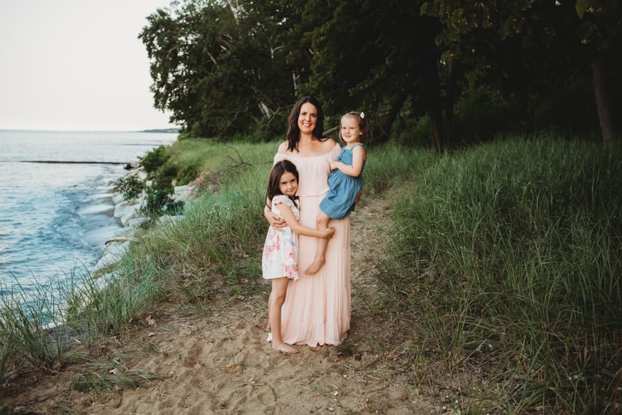 mom and her daughters at Lake Michigan shore 