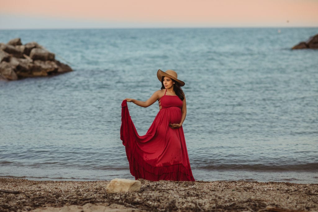maternity session in red dress