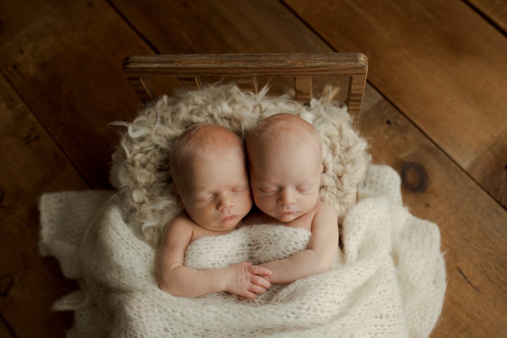 twin newborn brothers in mini bed