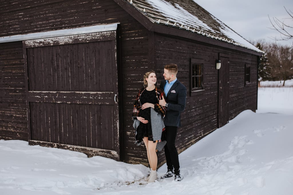 Chicago maternity photography, couple by rustic barn