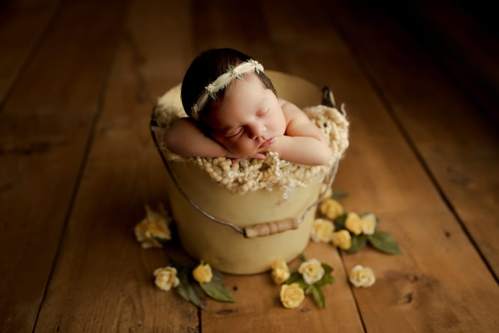 Chicago newborn photographer, baby girl asleep in bucket surrounded by yellow flowers