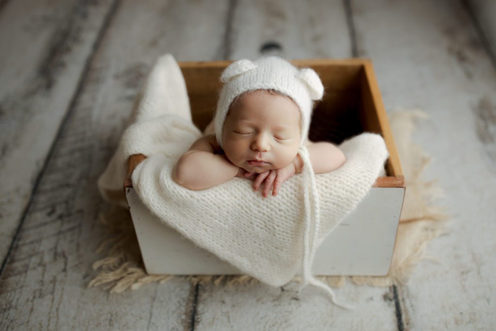 newborn baby in wood box, Long Grove IL