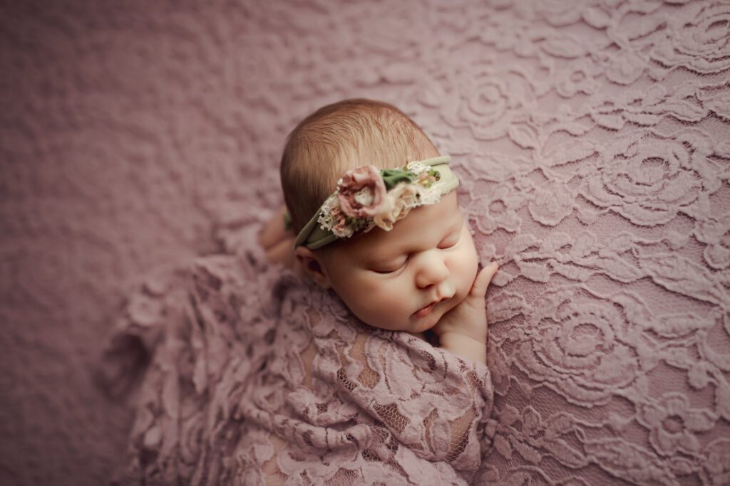 Chicagoland newborn photographer, baby girl in lavender lace