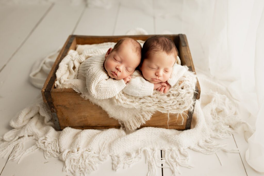 Chicago twin boys asleep in wooden box