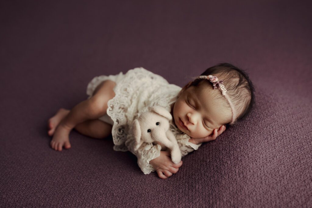 Baby girl in lace outfit snuggling with elephant lovey