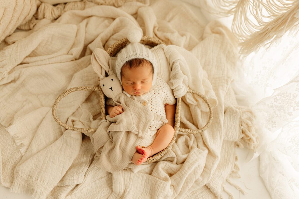 Baby tucked into basket with linen bunny toy
